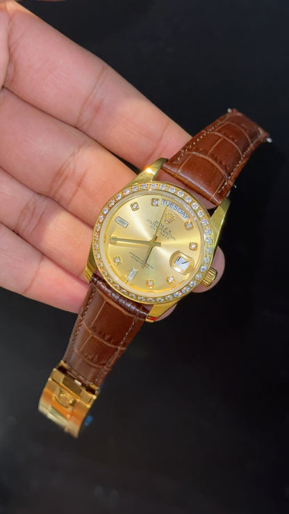 Daydate | 36mm | Gold Diamond Case | Brown Leather Strap | Gold Diamond Dial - twentyfour