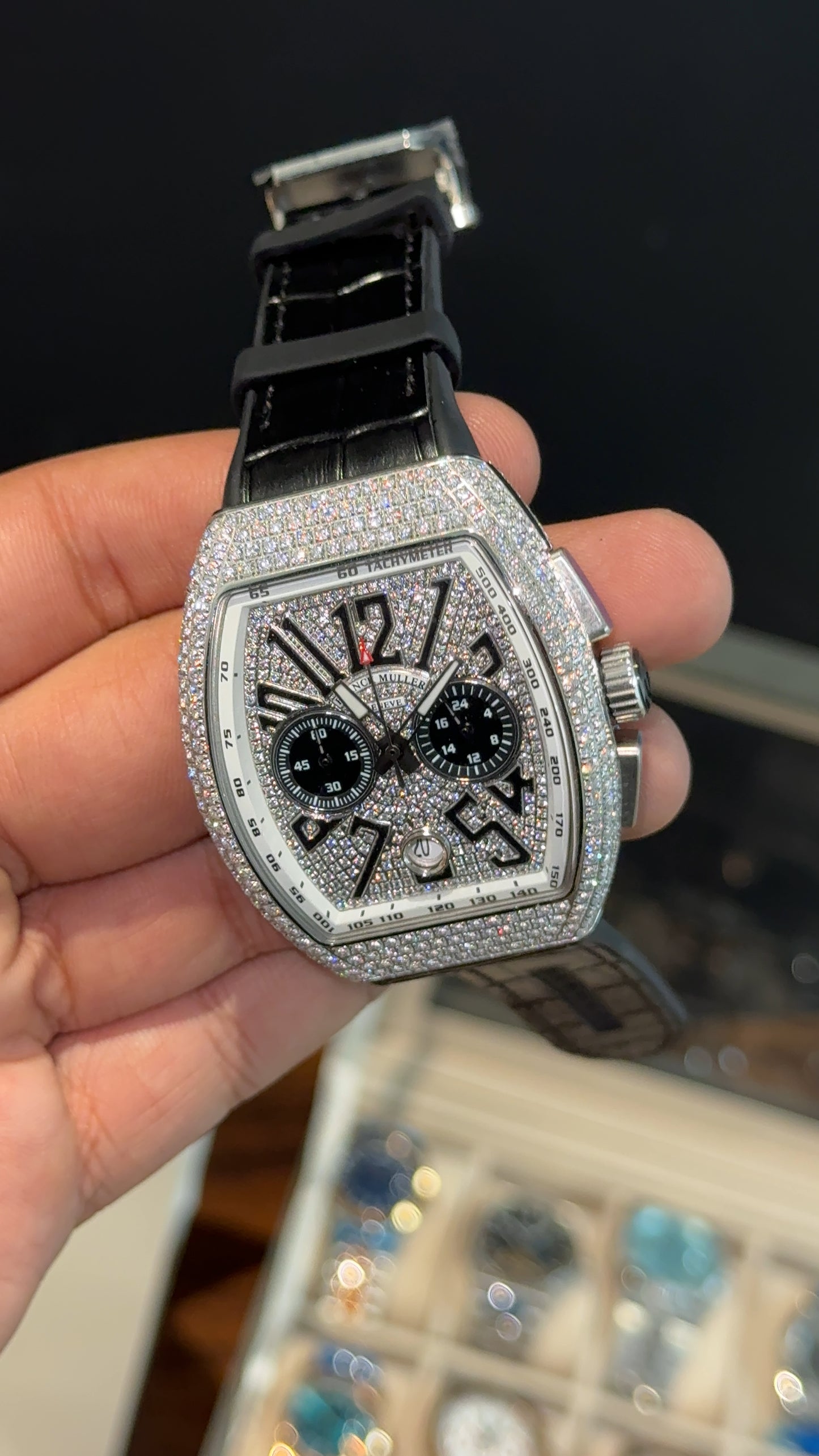 Premium Franck Muller | Vanguard  Chronograph Edition | Silver Diamond Case | Black Leather Strap | Silver Pearl Dial
