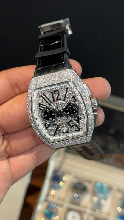 Premium Franck Muller | Vanguard  Chronograph Edition | Silver Diamond Case | Black Leather Strap | Silver Pearl Dial
