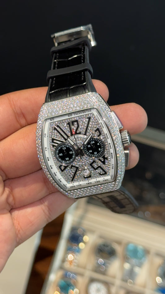 Premium Franck Muller | Vanguard  Chronograph Edition | Silver Diamond Case | Black Leather Strap | Silver Pearl Dial
