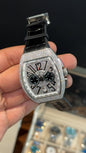 Premium Franck Muller | Vanguard  Chronograph Edition | Silver Diamond Case | Black Leather Strap | Silver Pearl Dial