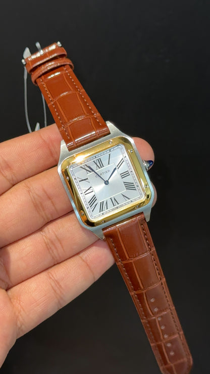 Cartier Santos | Gold Two Tone Case | Brown Dumont Strap | White Dial