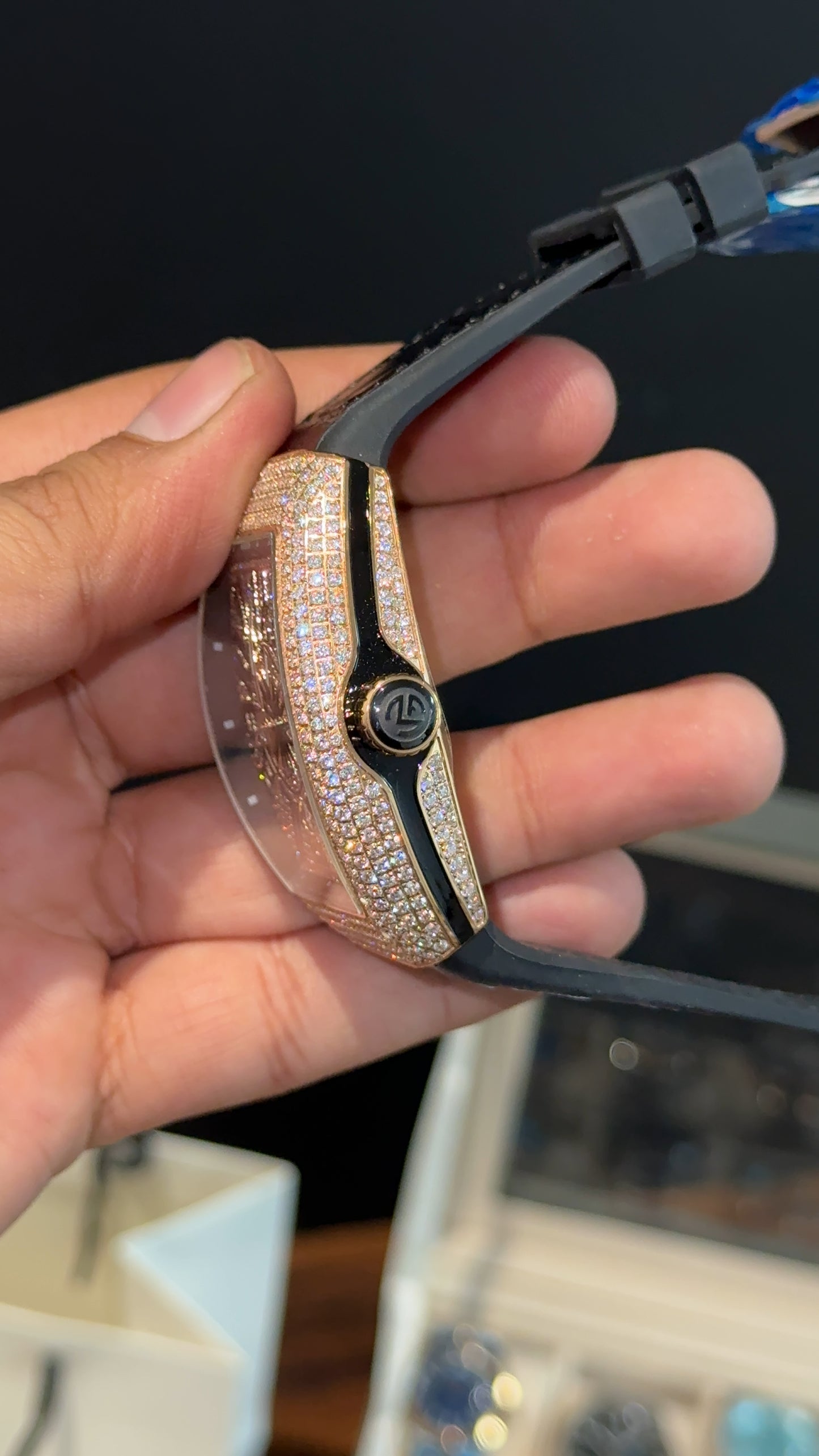 Premium Franck Muller | Vanguard  Edition | Rose Diamond Case | Black Leather Strap | Rose Pearl Dial