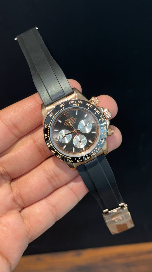 Daytona | Rose | Black Pvc Strap | White Chrono | Black Dial
