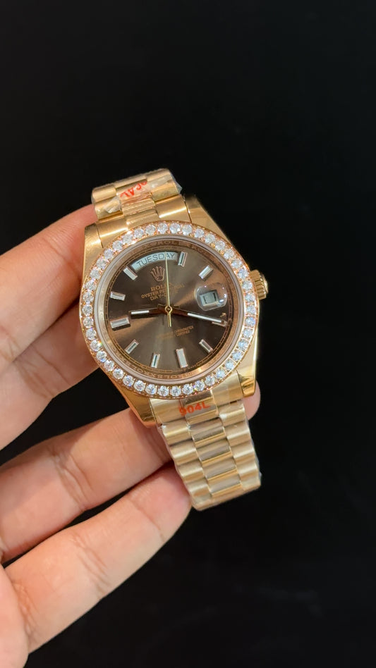 Daydate | Diamond Bezel | Rose Chain | Pearl Digit Brown Dial