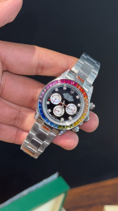 Daytona | Rainbow Diamond Case | Silver Chain | Diamond Digit | Chrono | Black Dial