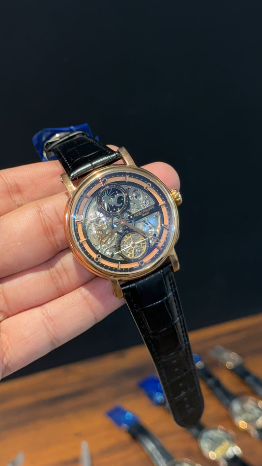 Patek Rose | Moonphase | Pendulum | Second Timer | Black Leather Strap | Grey Machine |  Orange Outline Dial