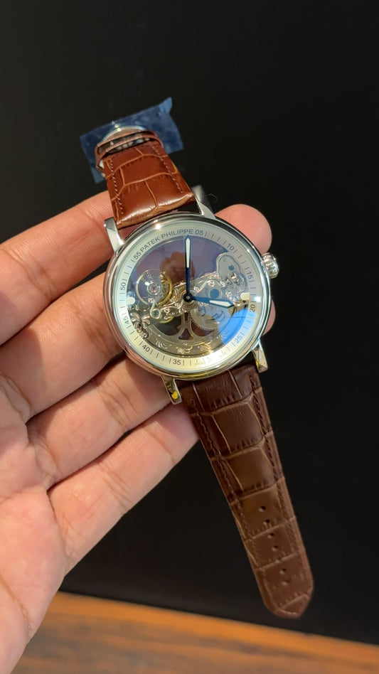 Pp Auto | Skeleton | Transparent Gold Machine | Brown leather strap