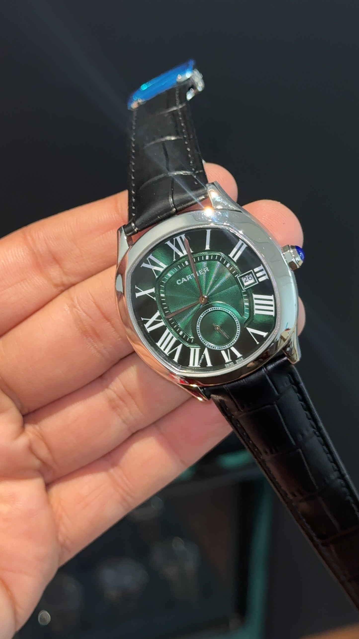 Cartier Silver | Black Leather Strap | FlyBack Second | Green Roman Dial