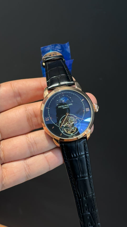 PP Auto | Rose | Pendulum | MoonPhase | Black Leather Strap | Black Textured Dial
