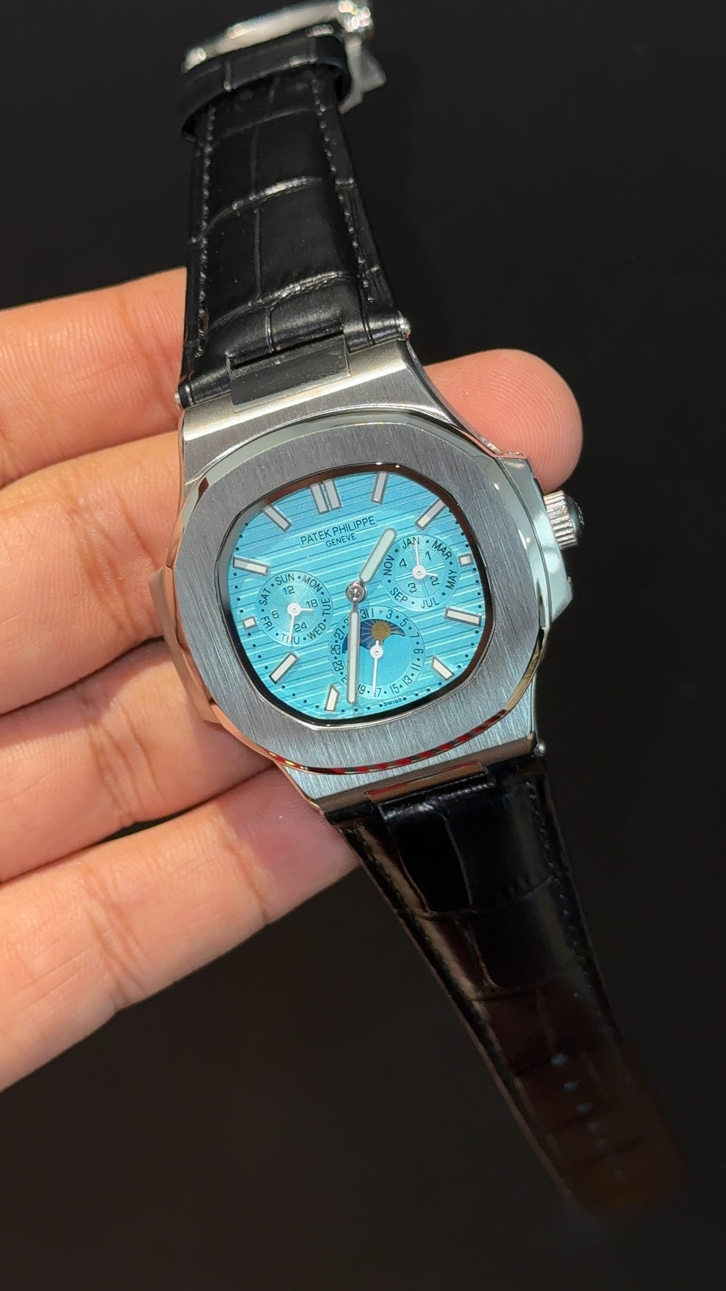Pp Auto | Moonphase | Chrono | Silver Case | Black Leather Strap | Tiffany Dial