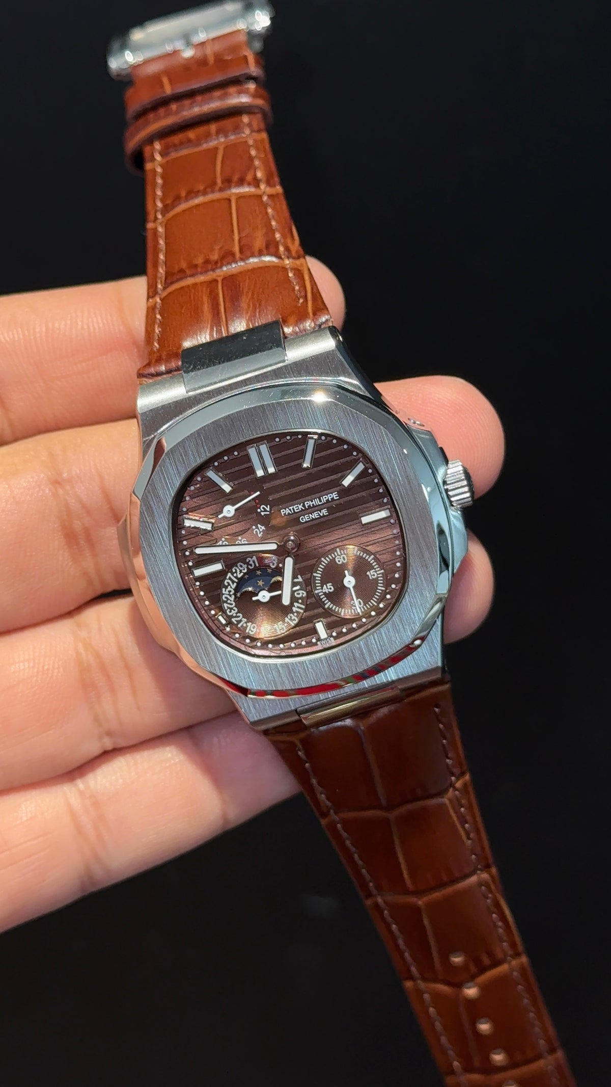 Pp Auto | Silver Case | Brown Strap | Moonphase | Sub Brown Dial