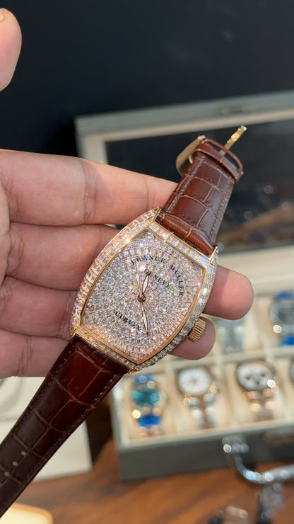 Premium Franck Muller | Mother Of Pearl | Brown Leather Strap | Rose Pearl Dial