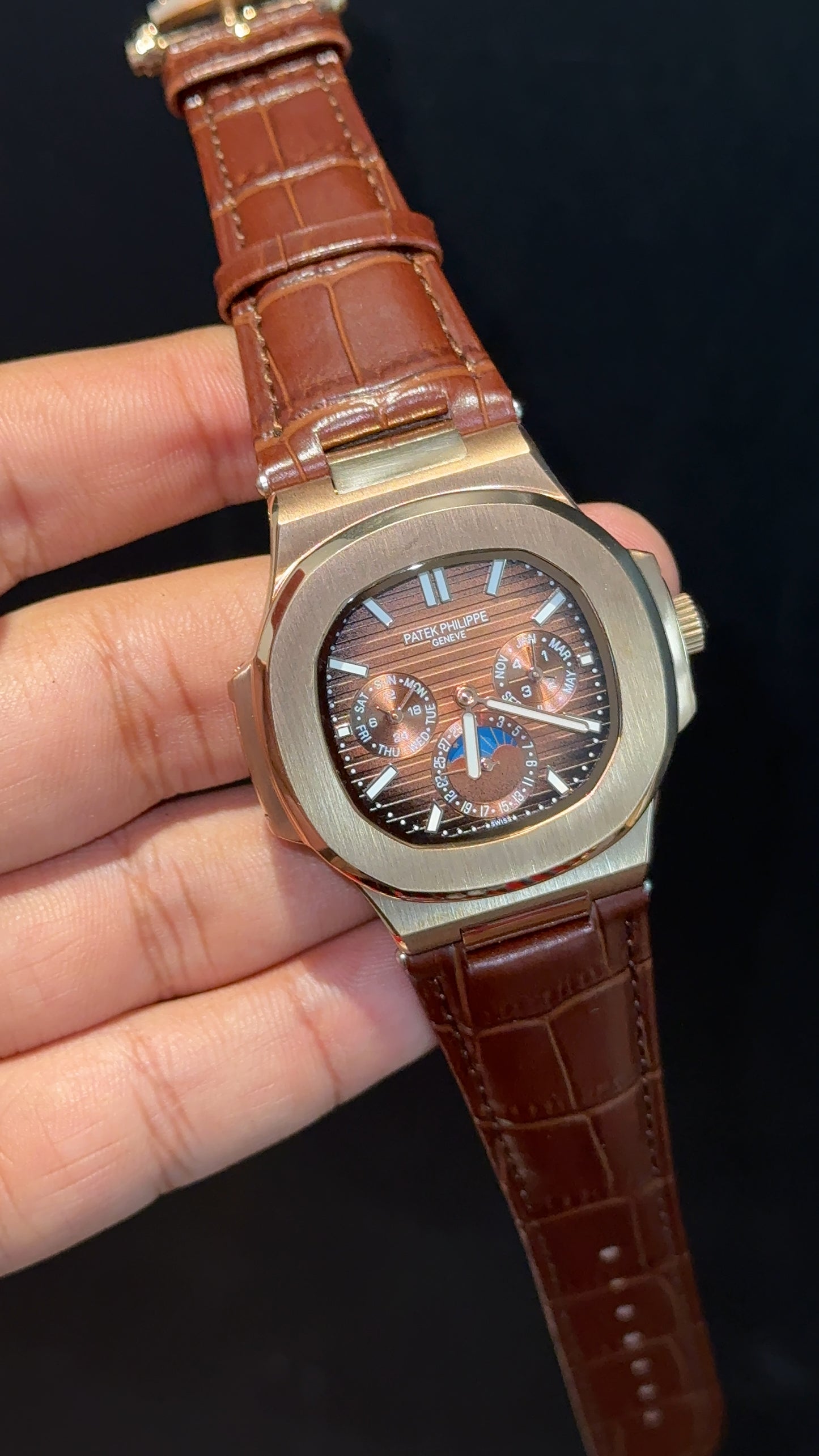 Pp Auto | Moonphase | Chrono | Rose Case | Brown Leather Strap | Choco Brown Dial