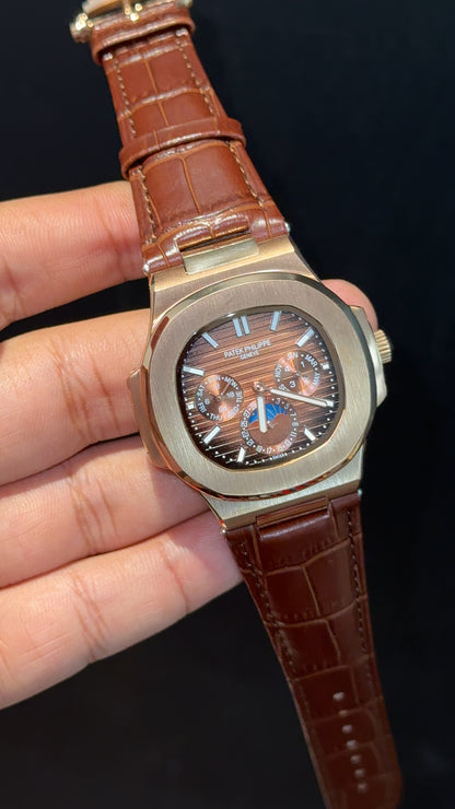 Pp Auto | Moonphase | Chrono | Rose Case | Brown Leather Strap | Choco Brown Dial