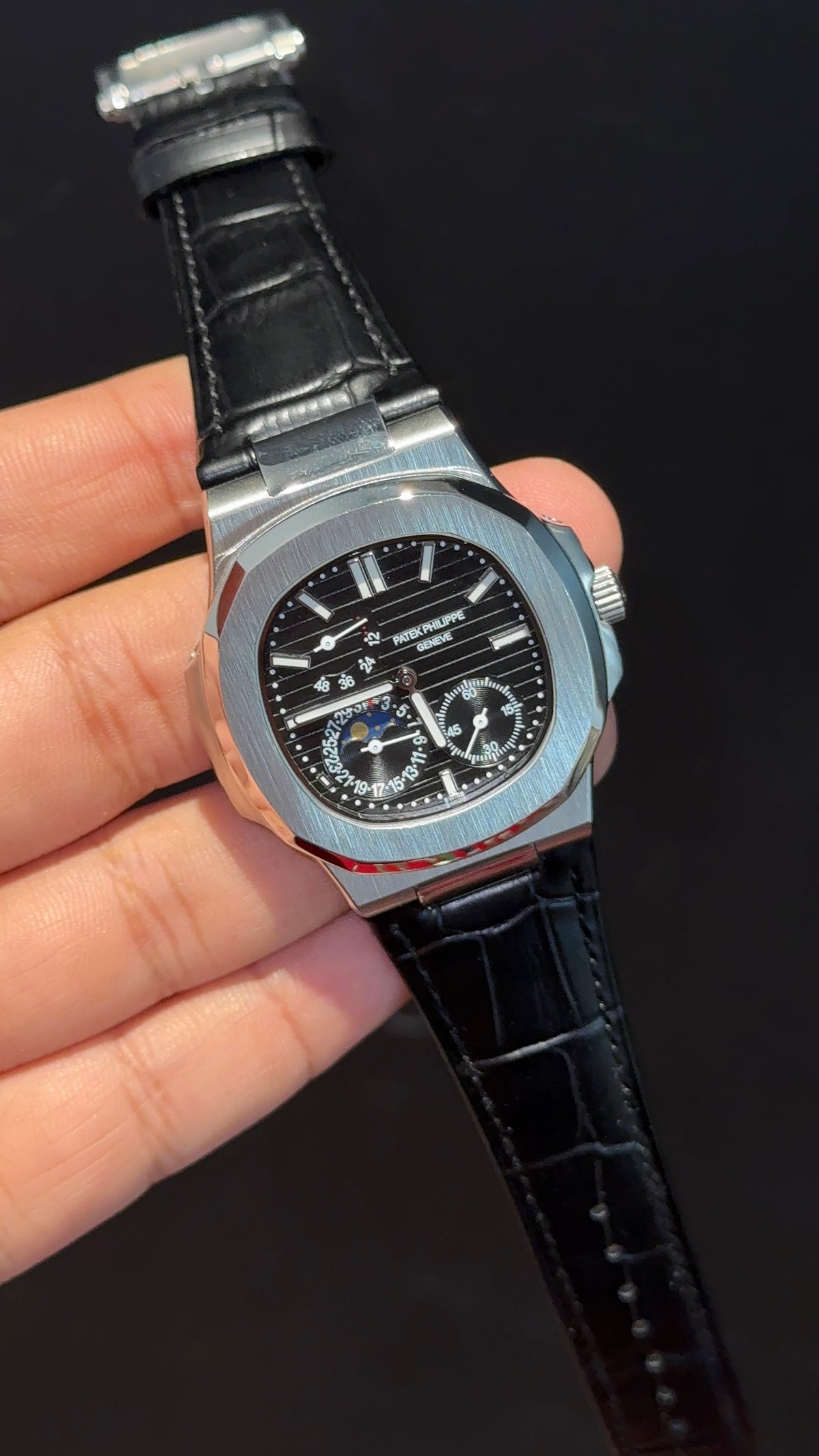 Pp Auto | Silver Case | Black Strap | Moonphase | Sub Black Dial