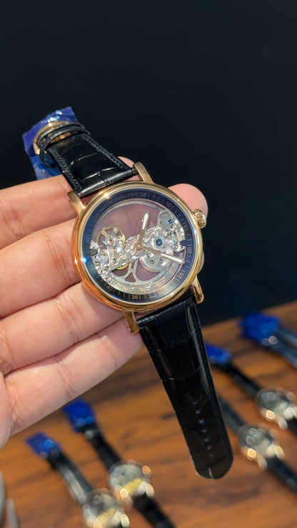 Patek Rose |  Black Leather Strap | Grey Machine | Transparent Dial
