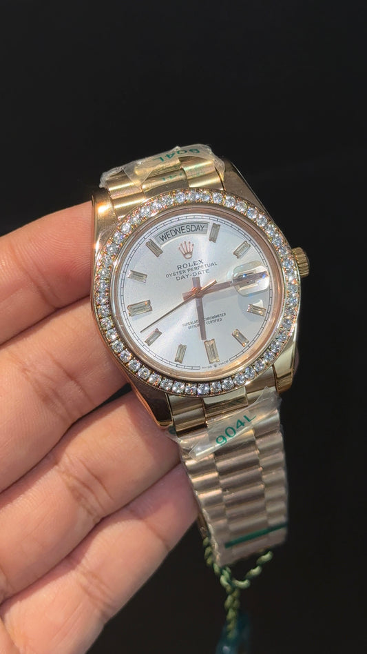 DayDate | Diamond Bezel | Rose Chain | Silver Pearl Dial
