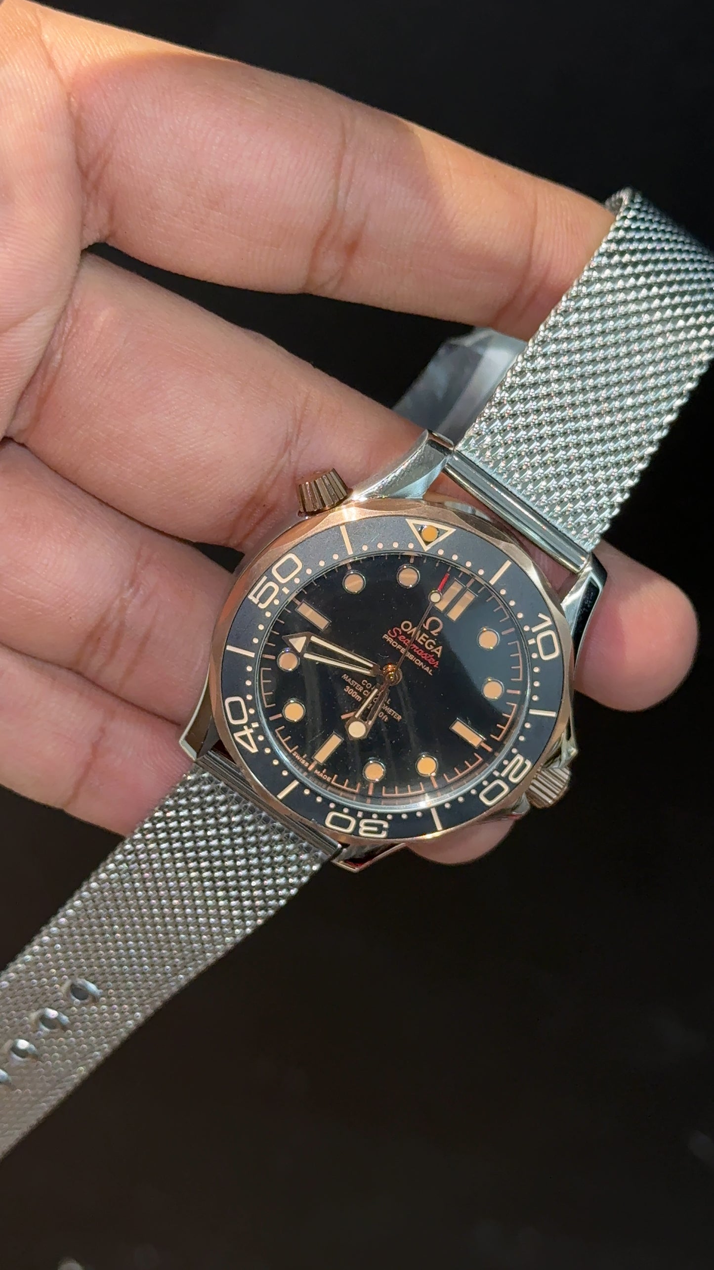Omega Seamaster Diver | Silver Milanese Chain | Rose Black Dial