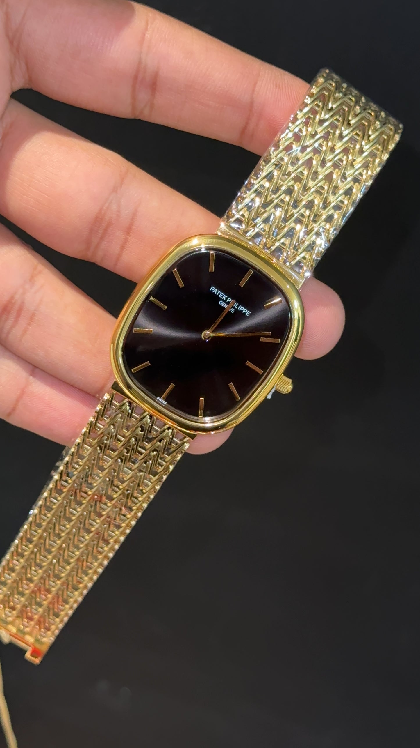 Pp Ellipse | Gold Mesh Chain | Black Ebony Dial
