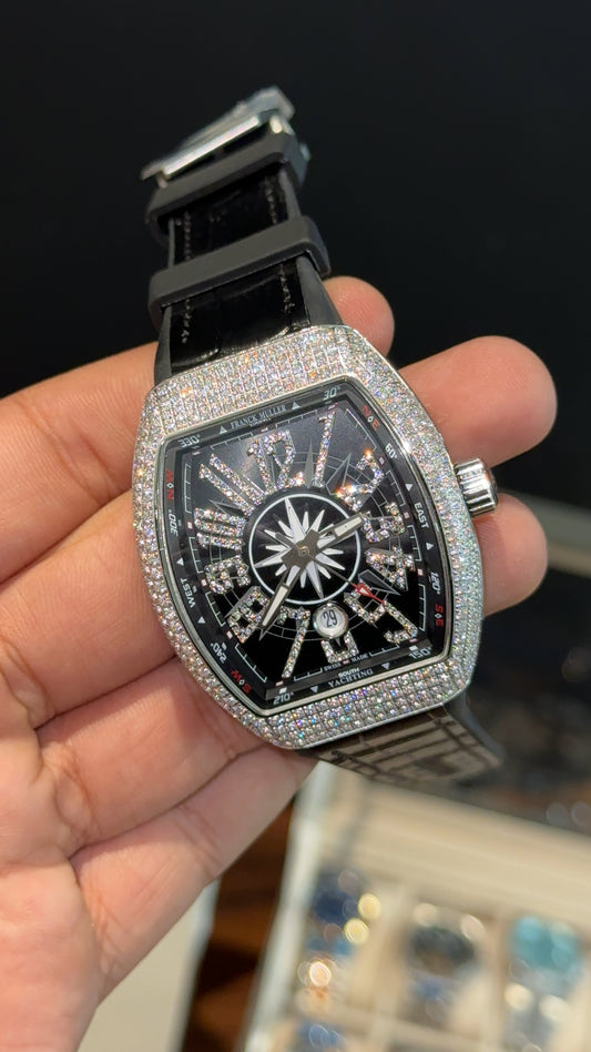 Premium Franck Muller | Vanguard V45 Edition | Yachting Silver Diamond Case | Black Leather Strap | Black Dial