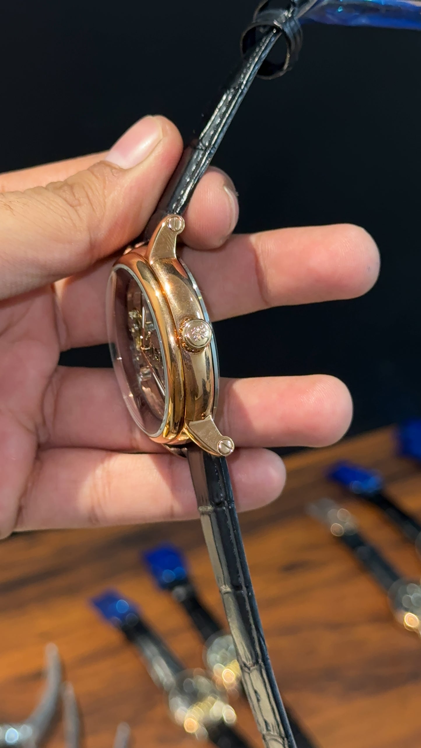 Patek Rose |  Black Leather Strap | Grey Machine | Transparent Dial