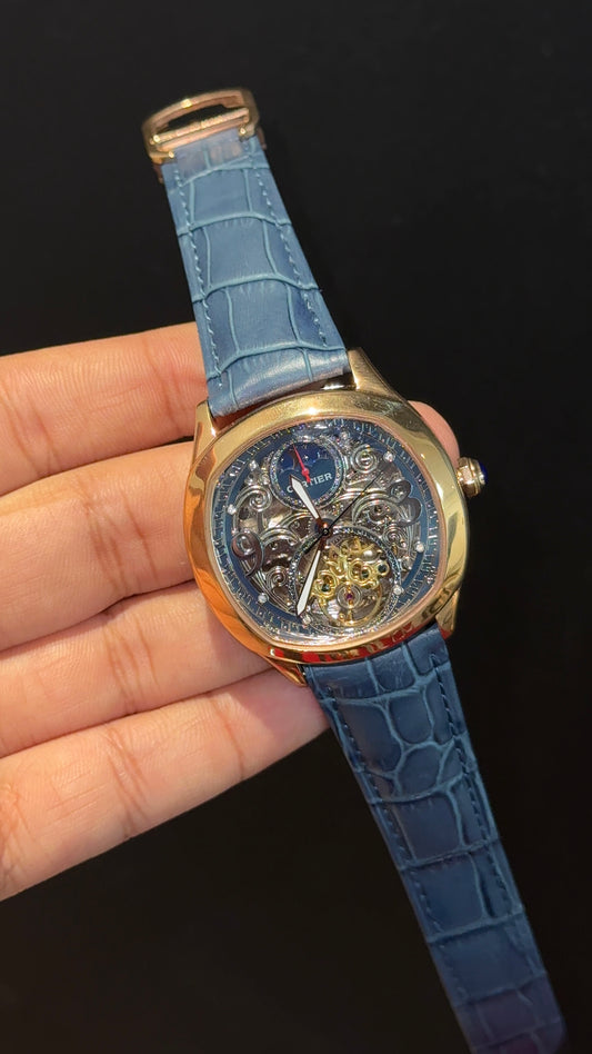 Cartier | Rose Case | Blue Leather Strap | Rose Machine Skeleton Dial