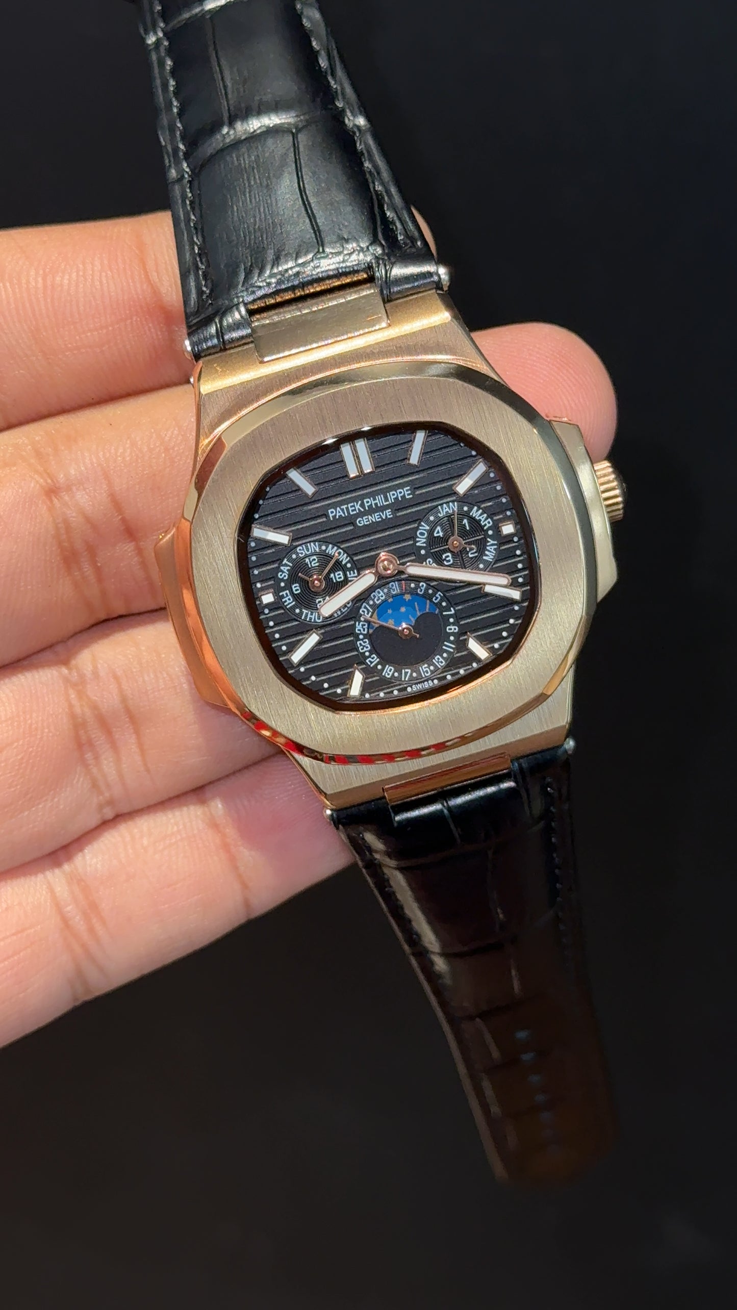 Pp Auto | Moonphase | Chrono | Rose Case | Black Leather Strap | Black Dial