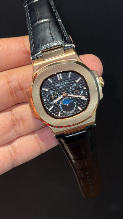 Pp Auto | Moonphase | Chrono | Rose Case | Black Leather Strap | Black Dial
