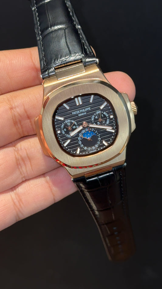 Pp Auto | Moonphase | Chrono | Rose Case | Black Leather Strap | Black Dial