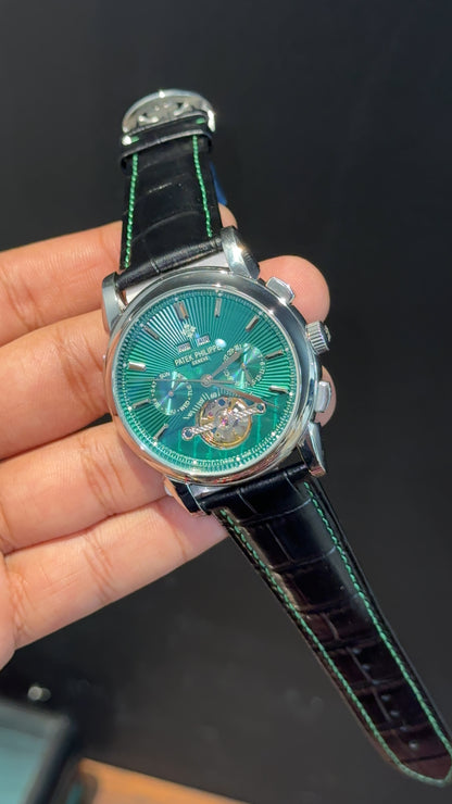 Patek Century | Auto | Pendulum | Silver Case | Green Lines Dial | Black Leather Strap - twentyfour
