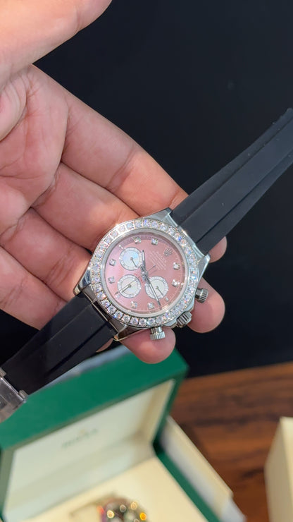 Daytona Silver | Diamond Case | Black Pvc Strap | Diamond Digit | Chrono | Mehroon Dial