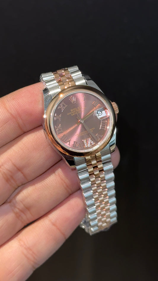 Premium DateJust | Eveline | Plain Bezel | 30mm | Women | Rose Two Tone | Choco Brown Index Dial