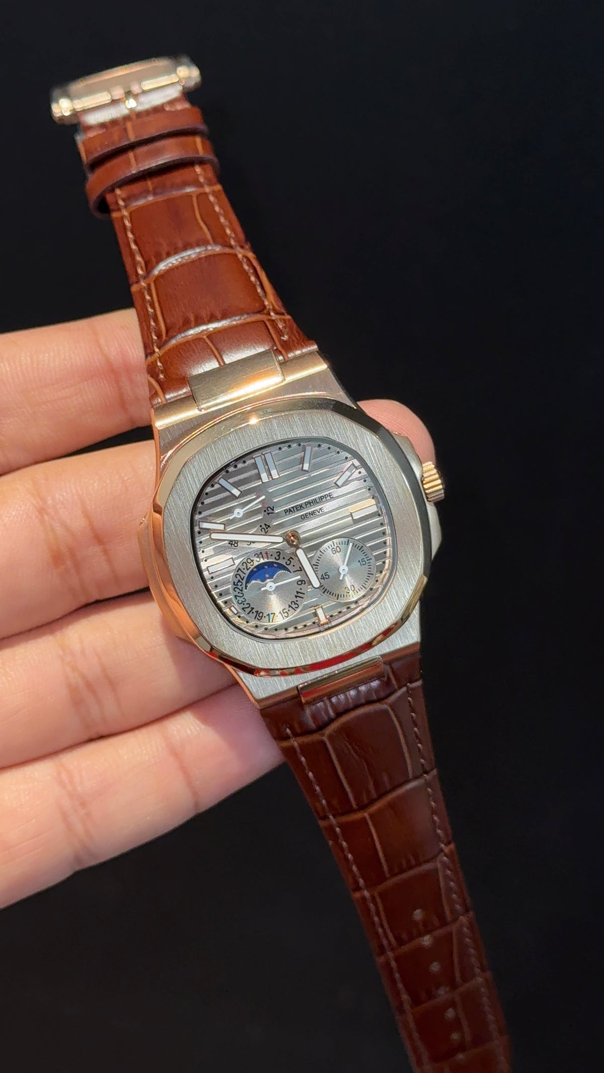 Pp Auto | Rose Case | Brown Strap | Moonphase | Sub Grey Dial
