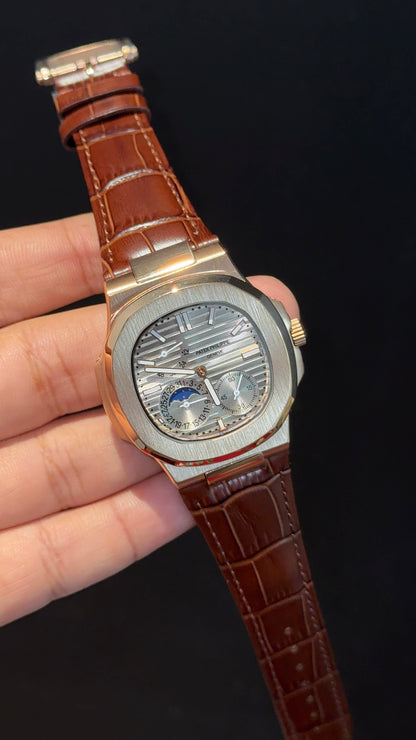 Pp Auto | Rose Case | Brown Strap | Moonphase | Sub Grey Dial