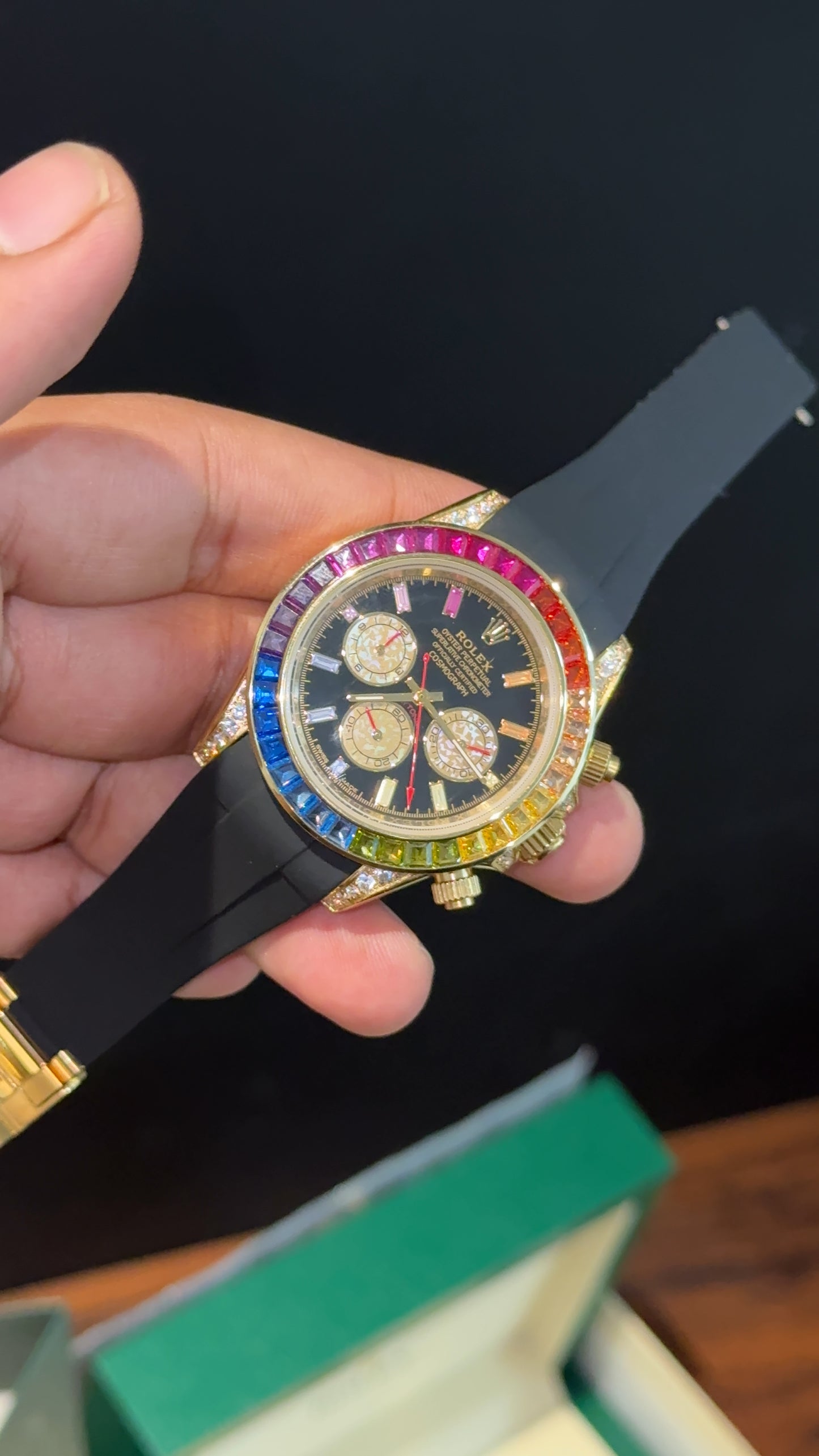 Daytona Gold | Rainbow Diamond Case | Black Pvc Strap | Rainbow Digit | Chrono | Black Dial