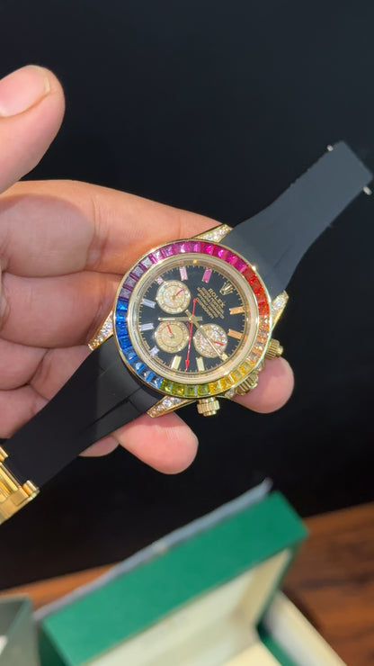 Daytona Gold | Rainbow Diamond Case | Black Pvc Strap | Rainbow Digit | Chrono | Black Dial