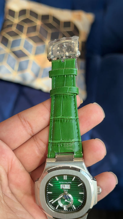 Pp Auto Silver | All Green DD Leather Strap