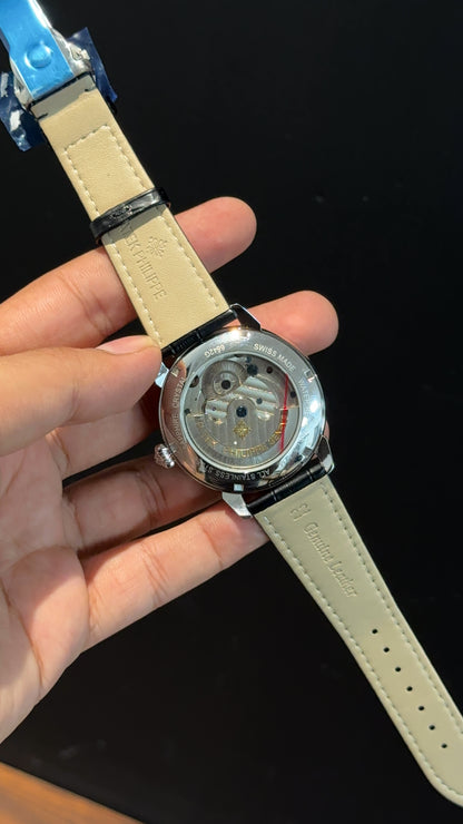 PP Auto | Silver | Pendulum | Moonphase | Black Leather Strap | Black Circle Plain Dial
