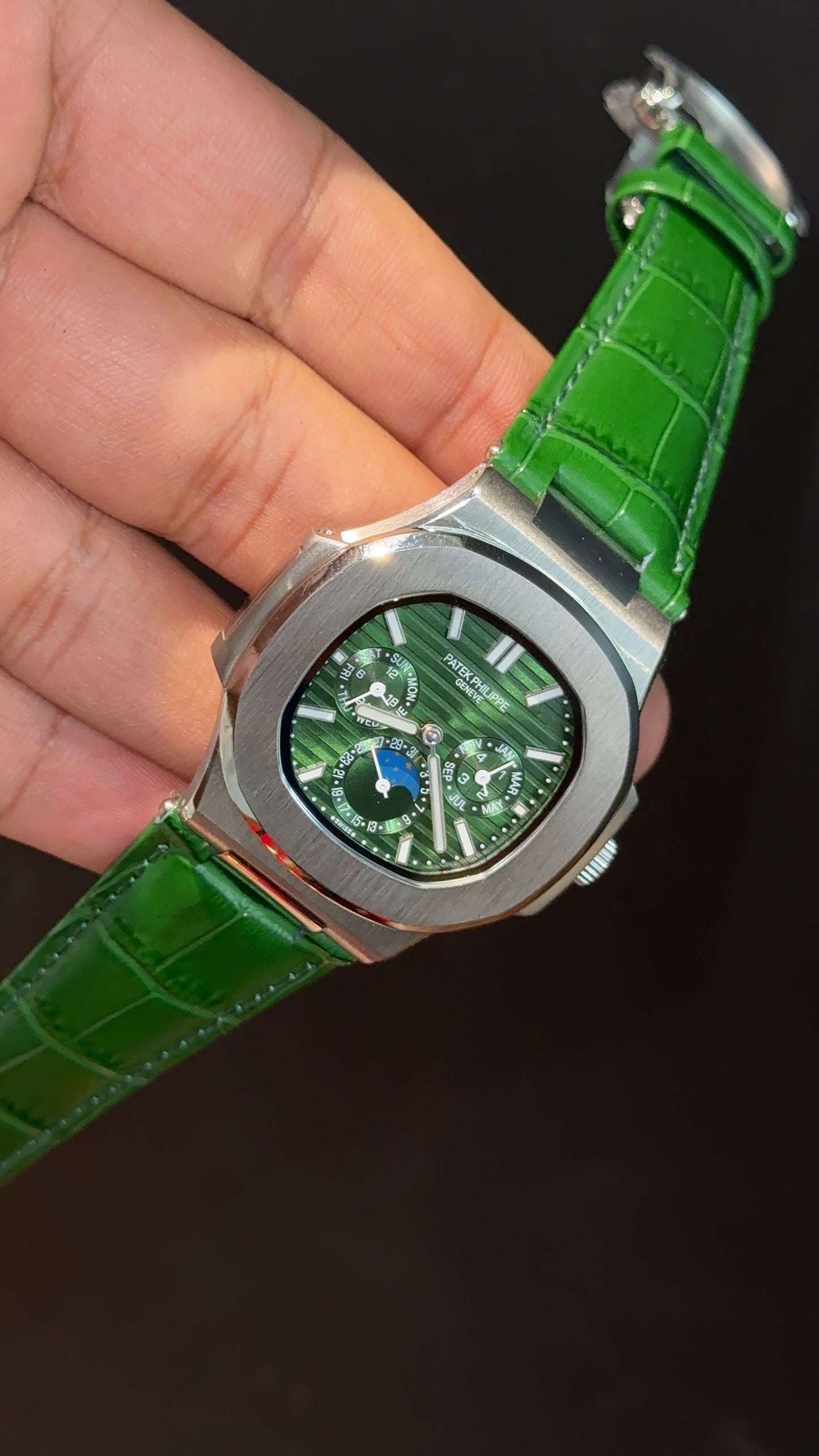 Pp Auto | Moonphase | Chrono | Silver Case | Green Leather Strap | Green Dial