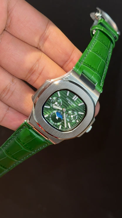Pp Auto | Moonphase | Chrono | Silver Case | Green Leather Strap | Green Dial