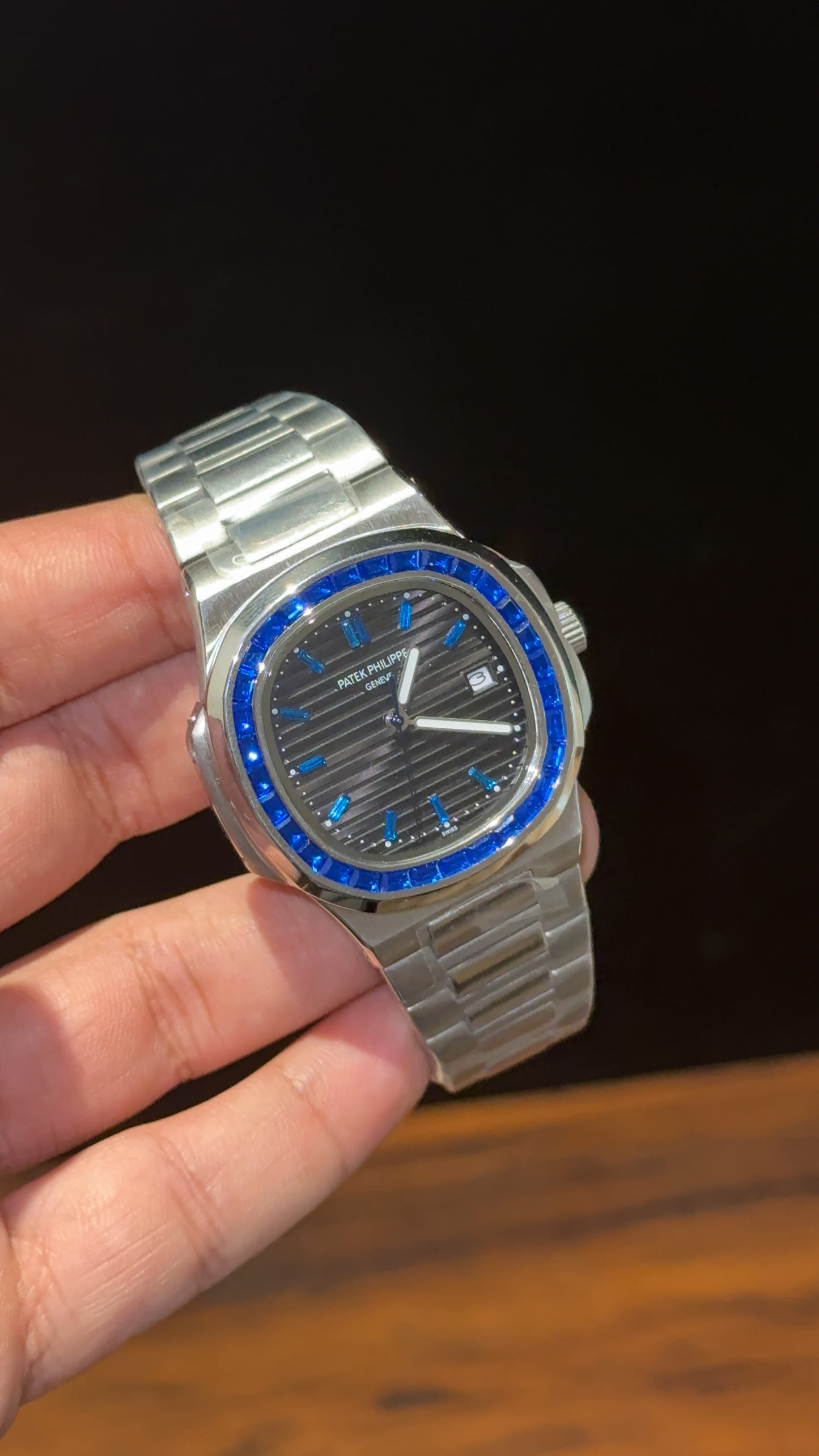 Pp Auto | Silver Chain | Blue Diamond Bezel | Blue Digits | Black Dial