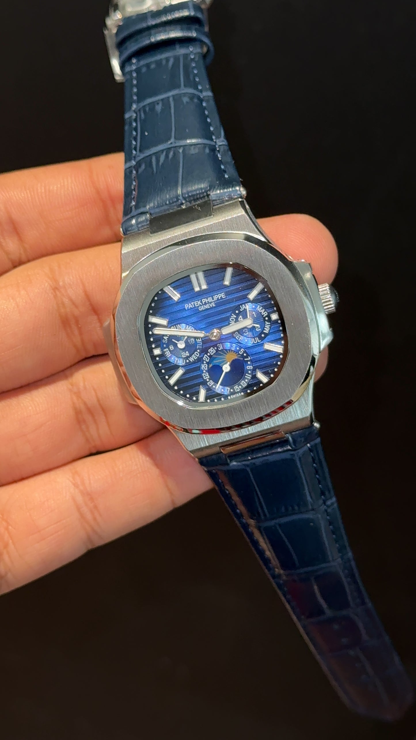 Pp Auto | Moonphase | Chrono | Silver Case | Blue Leather Strap | Purplish Dial