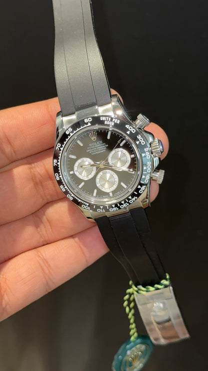 Daytona | Silver | Black Pvc Strap | Silver Chrono | Black Dial