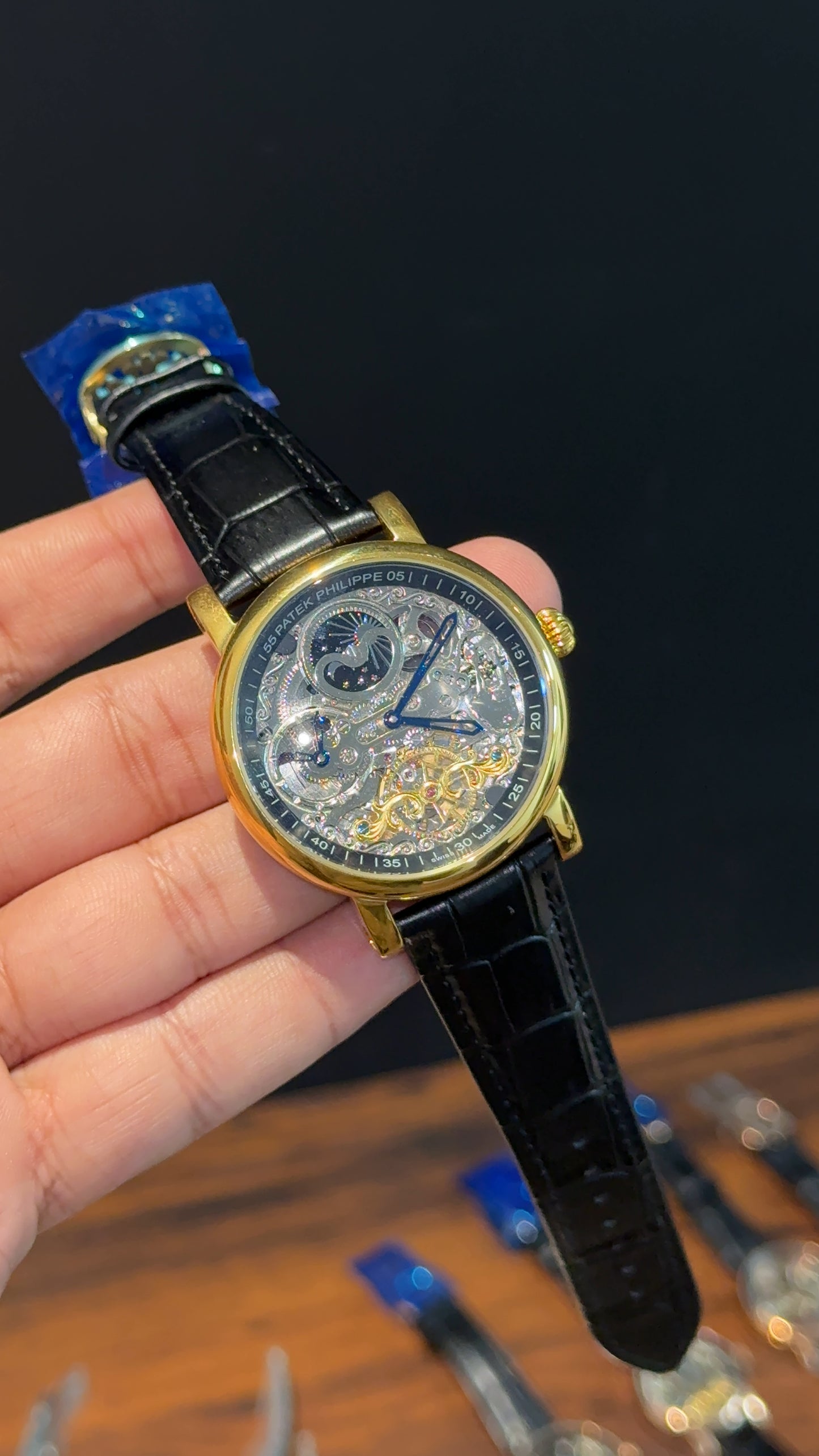 Patek Gold | Moonphase | Pendulum | Second Timer | Black Leather Strap | Grey Machine | Black Outline Dial