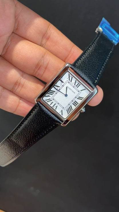 Cartier tank | Silver Case | Black Slim Strap | White Dial