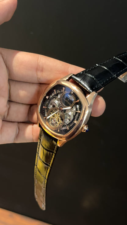 Cartier | Rose | Skeleton | Oval Shape Case | Moonphase | Black Leather Strap |  Black Dial