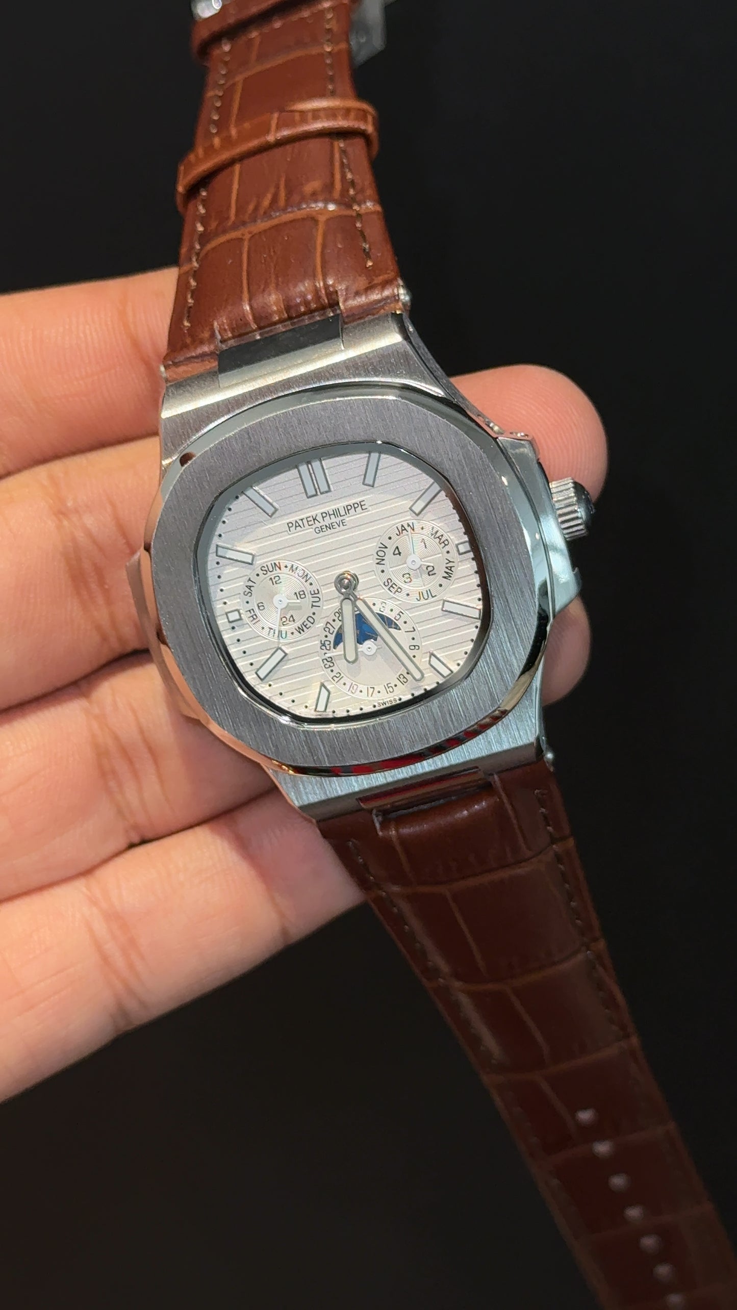 Pp Auto | Moonphase | Chrono | Silver Case | Brown Leather Strap | White Dial