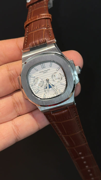 Pp Auto | Moonphase | Chrono | Silver Case | Brown Leather Strap | White Dial