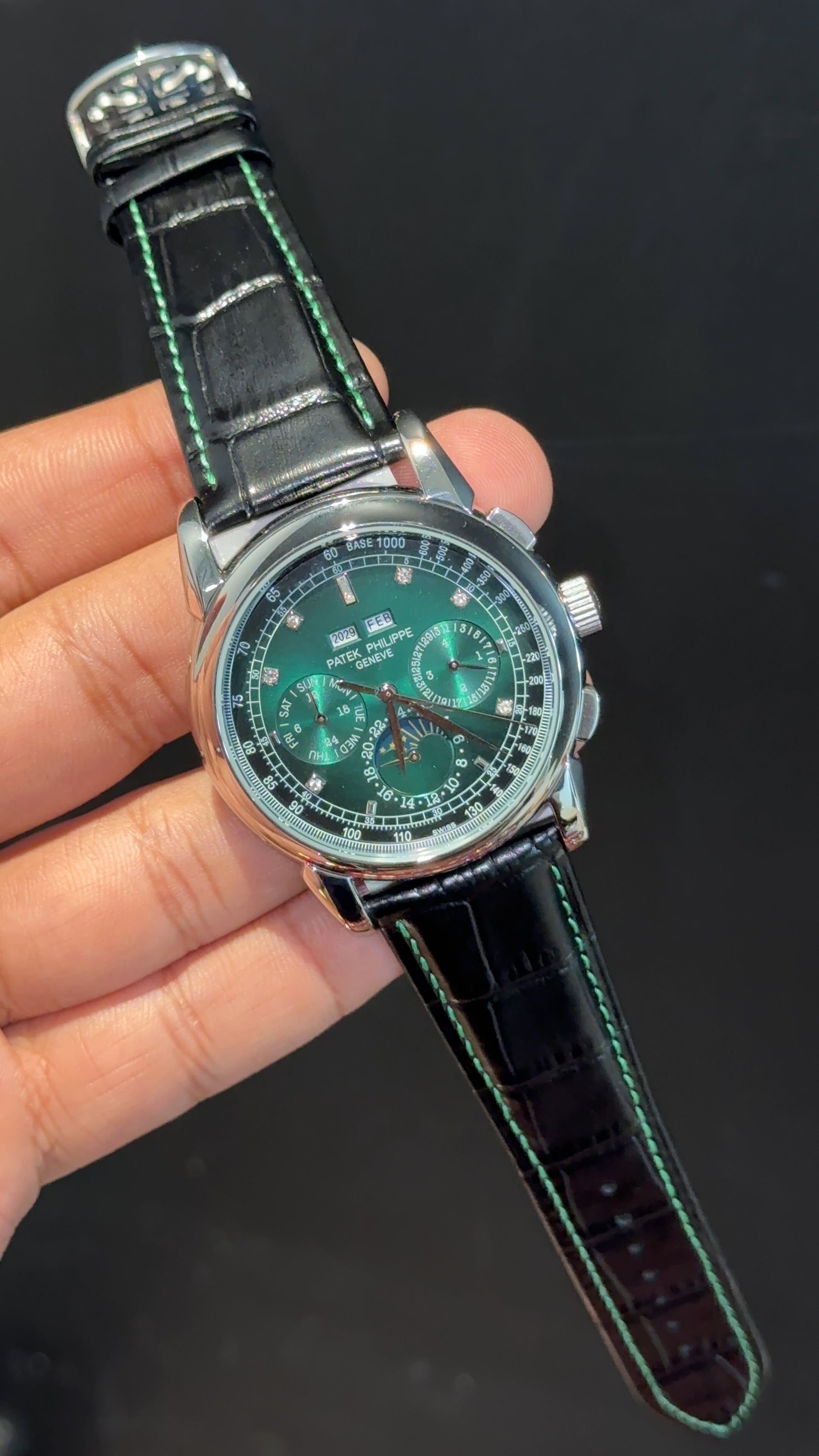 Patek Century | Auto | Silver Case | Green Diamond Dial | Black Leather Strap - twentyfour